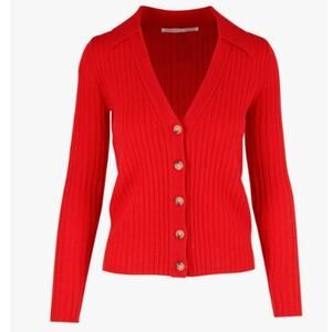 Veronica Beard Lazana Red Cashmere Ribbed Collared V-Neck Cardigan, Size S